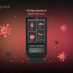 User interacting with a touchless self-service kiosk in a retail setting