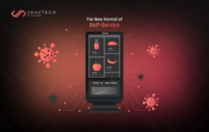 User interacting with a touchless self-service kiosk in a retail setting