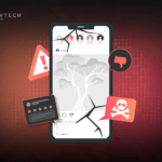Cracked mobile app screen with warning and error icons