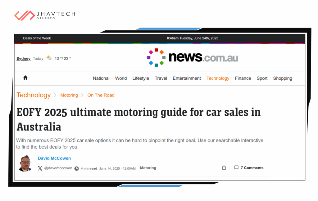 Screenshot of News.com.au featuring EOFY 2025 motoring guide