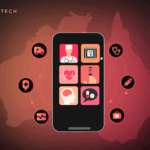 healthcare mobile app features and icons on the Australia map