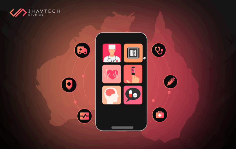 healthcare mobile app features and icons on the Australia map