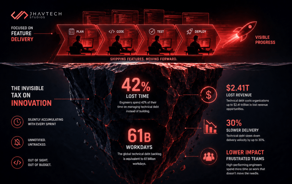 Technical debt hidden beneath software feature delivery